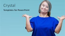  Presentation with hands down - Beautiful presentation theme featuring young adult woman with down syndrome over isolated background clueless and confused expression with arms and hands raised doubt concept backdrop and a light blue colored foreground