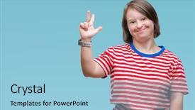 Presentation with down syndrome special education - PPT theme with young adult woman with down background and a light blue colored foreground