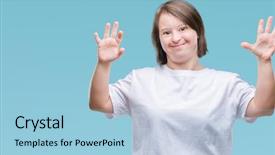  Presentation with down syndrom - Slide set having young adult woman with down background and a light blue colored foreground