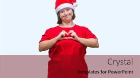  Presentation with romantic christmas - PPT theme featuring young adult woman with down syndrome wearing christmas hat over isolated background smiling in love showing heart symbol and shape with hands romantic concept background and a crimson colored foreground