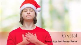  Presentation with hands down - Presentation theme with young adult woman with down syndrome wearing christmas hat over isolated background smiling with hands on chest with closed eyes and grateful gesture on face health concept background and a red colored foreground
