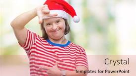  Presentation with hands down - Colorful presentation enhanced with young adult woman with down syndrome wearing christmas hat over isolated background smiling making frame with hands and fingers with happy face creativity and photography concept backdrop and a coral colored foreground