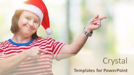  Presentation with hands down - PPT theme enhanced with young adult woman with down syndrome wearing christmas hat over isolated background smiling and looking at the camera pointing with two hands and fingers to the side background and a lemonade colored foreground