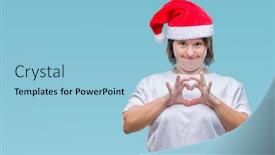  Presentation with down syndrome - Presentation design consisting of young adult woman with down syndrome wearing christmas hat over isolated background smiling in love showing heart symbol and shape with hands romantic concept background and a light blue colored foreground