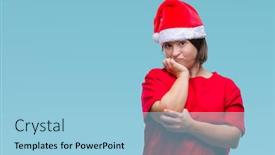  Presentation with hands down - Cool new PPT theme with young adult woman with down syndrome wearing christmas hat over isolated background looking stressed and nervous with hands on mouth biting nails anxiety problem backdrop and a light blue colored foreground