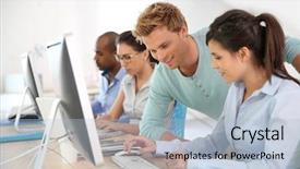  Presentation with job training - Presentation theme enhanced with young adults in business training background and a light blue colored foreground