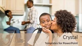  Presentation with backpack - Audience pleasing theme consisting of young adults ready school - mother kissing son with backpack backdrop and a coral colored foreground