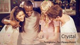  Presentation with share friends - Colorful theme enhanced with young adults technology - happy friends looking at smartphone backdrop and a coral colored foreground