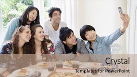  Presentation with taking flight - Amazing PPT theme having young adults technology - happy friends taking photograph backdrop and a coral colored foreground