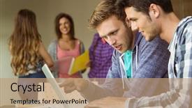  Presentation with friends - Cool new theme with young adults technology - smiling friends sitting using laptop backdrop and a  colored foreground