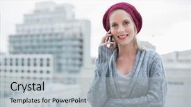  Presentation with luxury fashion outdoors - Slide set having young adults technology - smiling pretty blonde background and a light gray colored foreground