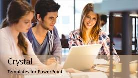  Presentation with classmates - Colorful PPT layouts enhanced with young adults technology - student looking at camera while backdrop and a  colored foreground