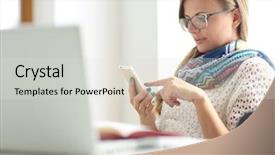  Presentation with mobile use - Theme with young adults technology - woman use of mobile phone background and a sky blue colored foreground