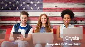  Presentation with electronic circuits and devices - Beautiful PPT theme featuring young adults using electronic devices backdrop and a coral colored foreground