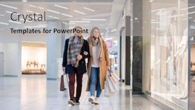  Presentation with windows - Colorful presentation theme enhanced with young affectionate couple in stylish casualwear carrying paperbags while moving along shop windows in the mall backdrop and a light gray colored foreground