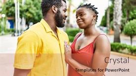  Presentation with young happy couple - PPT theme enhanced with young-afircan-american-couple-smiling background and a coral colored foreground