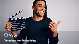  Presentation with clapboard - Presentation design with young-african-american-afro-director background and a navy blue colored foreground