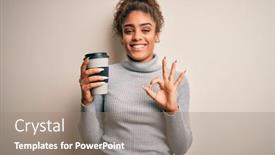 Presentation with takeaway coffee - Presentation design with young-african-american-afro-girl background and a coral colored foreground