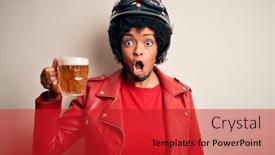  Presentation with curly hair - Beautiful PPT theme featuring young-african-american-afro-motorcyclist backdrop and a crimson colored foreground