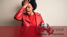  Presentation with curly hair - Colorful slide deck enhanced with young-african-american-afro-motorcyclist backdrop and a crimson colored foreground