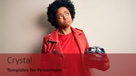  Presentation with curly hair - Beautiful slide set featuring young-african-american-afro-motorcyclist backdrop and a crimson colored foreground