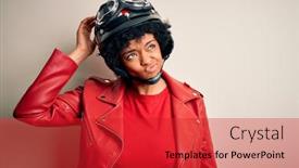  Presentation with african american woman question - Slides featuring young-african-american-afro-motorcyclist background and a red colored foreground