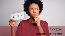  Presentation with african american woman question - Presentation design with young-african-american-afro-politician background and a tawny brown colored foreground