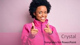  Presentation with american energy - Beautiful presentation design featuring young-african-american-afro-sportswoman backdrop and a coral colored foreground