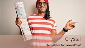  Presentation with city map - Audience pleasing presentation design consisting of young-african-american-afro-tourist backdrop and a coral colored foreground