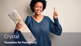  Presentation with african american woman question - PPT theme with young-african-american-afro-tourist background and a ocean colored foreground