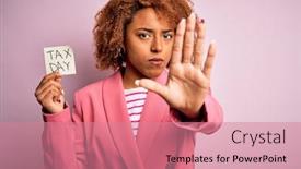  Presentation with tax day - PPT layouts with young-african-american-afro-woman background and a coral colored foreground