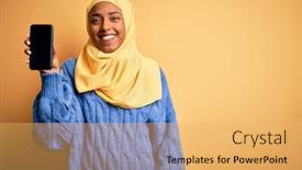  Presentation with woman muslim - Beautiful slide deck featuring young-african-american-afro-woman backdrop and a yellow colored foreground
