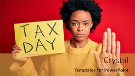  Presentation with tax day - Cool new PPT layouts with young-african-american-afro-woman backdrop and a gold colored foreground