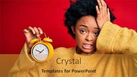  Presentation with vintage clock - Cool new PPT theme with young-african-american-afro-woman backdrop and a gold colored foreground