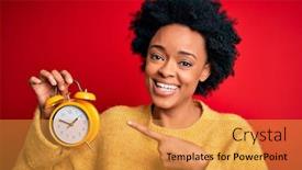 Presentation with vintage clock - Slide set having young-african-american-afro-woman background and a gold colored foreground