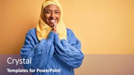  Presentation with hijab - Cool new slide set with young-african-american-afro-woman backdrop and a ocean colored foreground