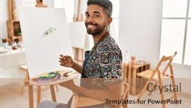  Presentation with art - Presentation theme featuring young-african-american-artist-man background and a coral colored foreground