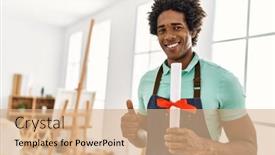  Presentation with art - Presentation theme featuring young-african-american-artist-man background and a coral colored foreground