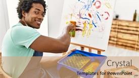  Presentation with paint roller - PPT theme having young-african-american-artist-man background and a coral colored foreground
