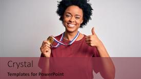  Presentation with gold medal - Theme with young-african-american-athlete-woman background and a tawny brown colored foreground