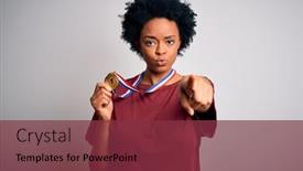  Presentation with gold medal - Presentation design with young-african-american-athlete-woman background and a tawny brown colored foreground