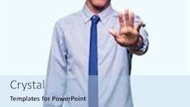  Presentation with sing - Presentation theme with young african american business man with afro hair wearing glasses doing stop sing with palm of the hand warning expression with negative and serious gesture on the face background and a light blue colored foreground