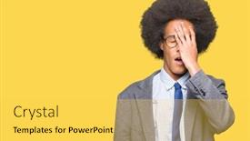  Presentation with face pain - PPT theme consisting of young african american business man with afro hair wearing glasses yawning tired covering half face eye and mouth with hand face hurts in pain background and a yellow colored foreground