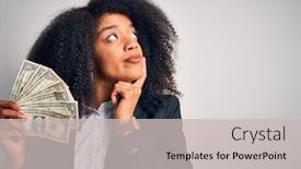  Presentation with african american woman question - Audience pleasing slides consisting of young-african-american-business-woman backdrop and a light gray colored foreground