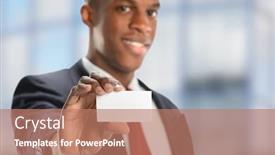  Presentation with building - Theme consisting of young african american businessman showing blank card inside building background and a coral colored foreground
