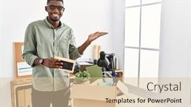  Presentation with hand palm - PPT theme consisting of young-african-american-businessman-unboxing background and a lemonade colored foreground