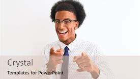  Presentation with american energy - Beautiful PPT theme featuring young african american businessman wearing tie and glasses over isolated white background pointing fingers to camera with happy and funny face good energy and vibes backdrop and a lemonade colored foreground