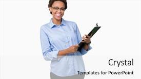  Presentation with teeth - Slide deck with young african american businesss woman background and a white colored foreground