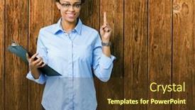  Presentation with african american woman question - Cool new presentation theme with young african american businesss woman holding clipboard over isolated background surprised with an idea or question pointing finger with happy face number one backdrop and a tawny brown colored foreground