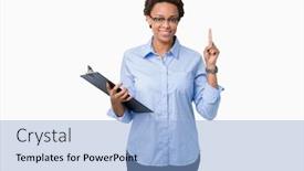  Presentation with african american woman question - Slide set having young african american businesss woman holding clipboard over isolated background surprised with an idea or question pointing finger with happy face number one background and a light blue colored foreground